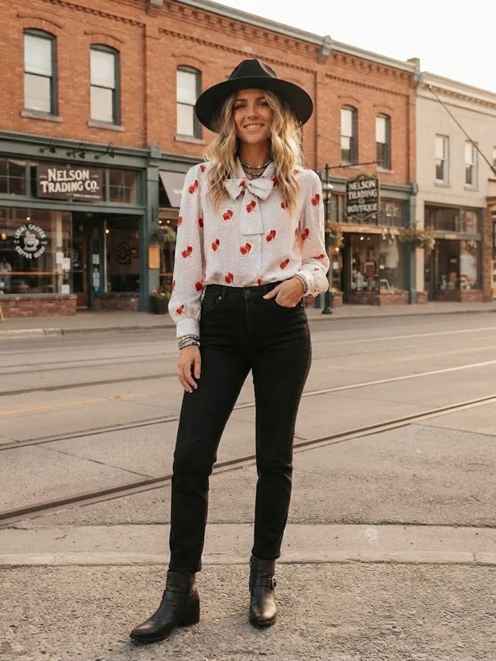 Vintage White Polka Dot Tie-Neck Blouse with Red Floral Accents